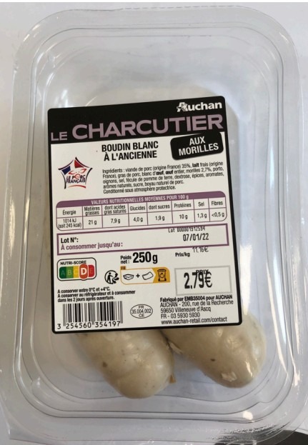 Auchan boudin blanc morille 2x125g : photo du produit rappelé le 20/01/2026