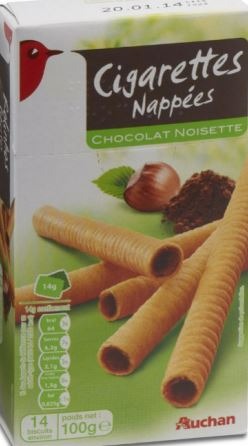 Auchan cigarettes nappées chocolat noisette 100g : photo du produit rappelé le 20/06/2022