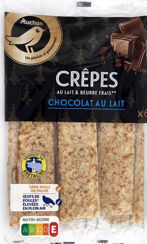 Auchan gourmet crepes au lait et au beurre frais fourrees choco lait x6 : photo du produit rappelé le 03/09/2021