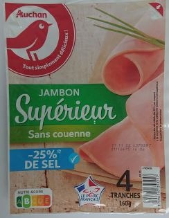 Auchan jambon superieur decouenne degraisse 4 tranches : photo du produit rappelé le 19/12/2022