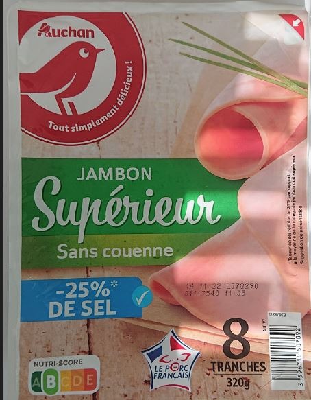 Auchan jambon superieur decouenne degraisse 8 tranches : photo du produit rappelé le 22/12/2022