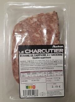 Auchan le charcutier terrine de campagne a l'ancienne : photo du produit rappelé le 02/05/2024