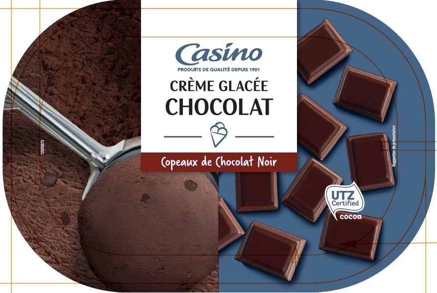Bac crème glacée chocolat avec copeaux de chocolat noir 500g / 1l Casino : photo du produit rappelé le 03/02/2022