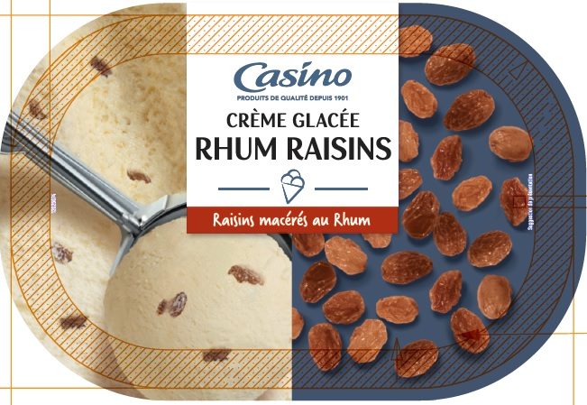 Bac crème glacée rhum raisins avec raisins macérés au rhum 534,5g / 1l : photo du produit rappelé le 03/02/2022