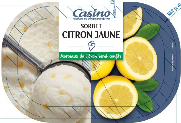 Bac sorbet citron jaune morceaux de citron semi-confits 606g / 1l Casino : photo du produit rappelé le 03/12/2021