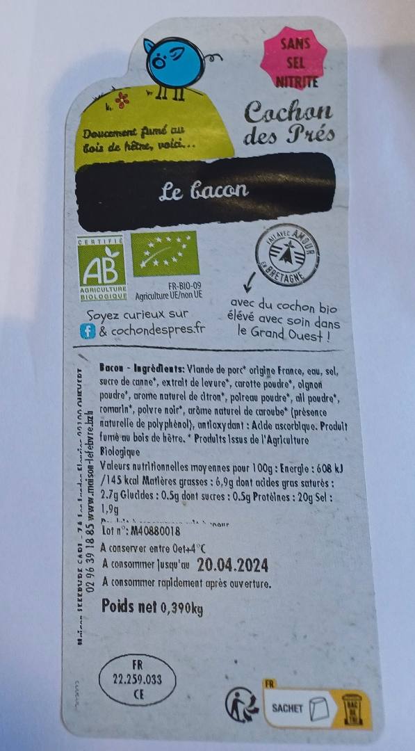 Bacon bio Cochon des Prés : photo du produit rappelé le 29/03/2024