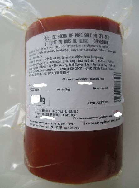 Bacon salé au sel sec et fumé au bois de hêtre Carrefour le Marché : photo du produit rappelé le 14/08/2024