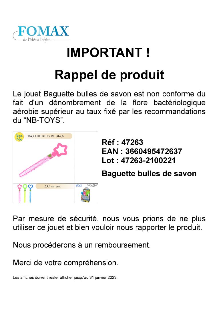 Baguette bulles de savon Sun & Fun : photo du produit rappelé le 01/12/2022
