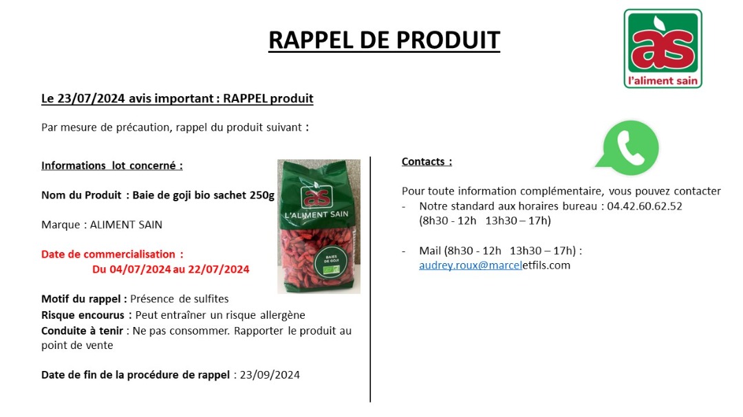 Baie de goji 250g Aliment Sain : photo 2 sur 2 du produit rappelé le 14/08/2024