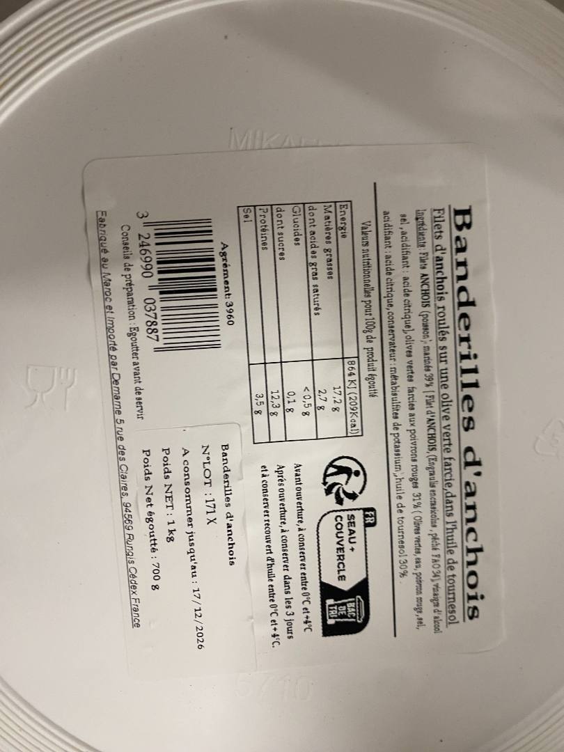 Banderilles anchois 1 kg La Barre : photo du produit rappelé le 29/09/2026