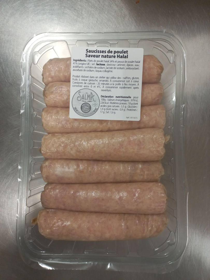 Barquette de 14 saucisses de poulet halal 140 grammes Salma : photo du produit rappelé le 25/03/2026