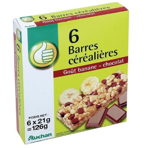 Barres de cereales chocolat/banane Auchan/Pouce : photo du produit rappelé le 02/04/2021