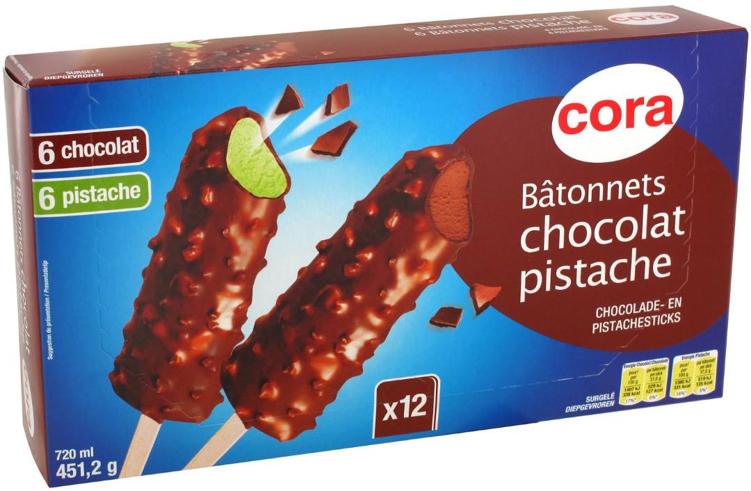 Bâtonnets chocolat/pistache 12x60 ml Cora : photo du produit rappelé le 28/07/2021