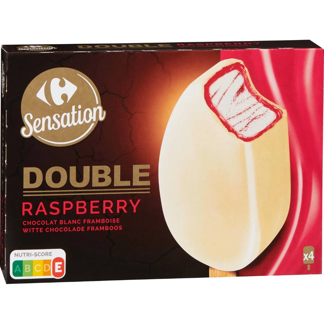 Bâtonnets double raspberry chocolat blanc framboise x4 Carrefour Sensation : photo du produit rappelé le 29/07/2021