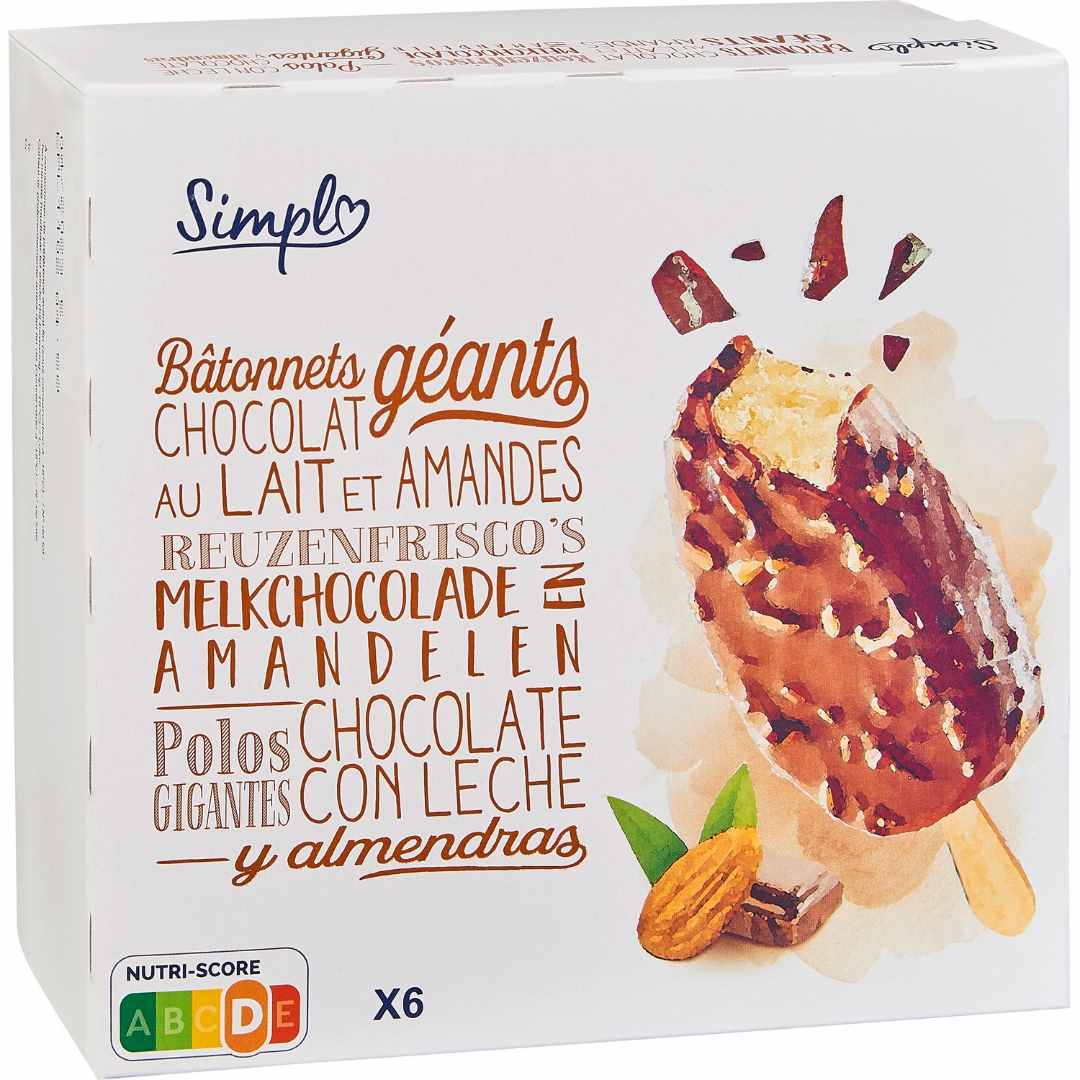 Bâtonnets géants chocolat au lait et amandes x6 Simpl : photo du produit rappelé le 14/06/2021
