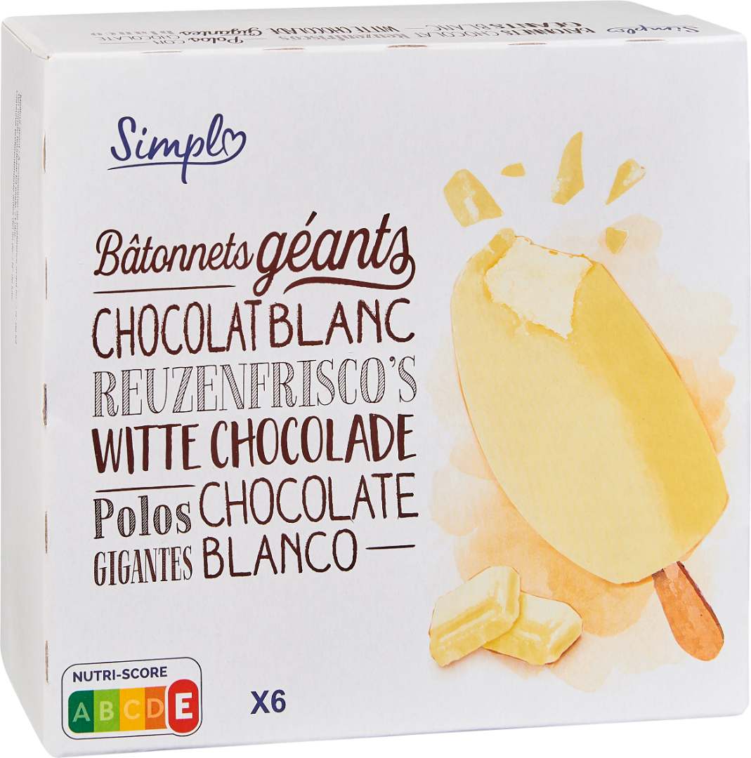 Bâtonnets géants chocolat blanc x6 Simpl / PP Blanc : photo du produit rappelé le 29/07/2021