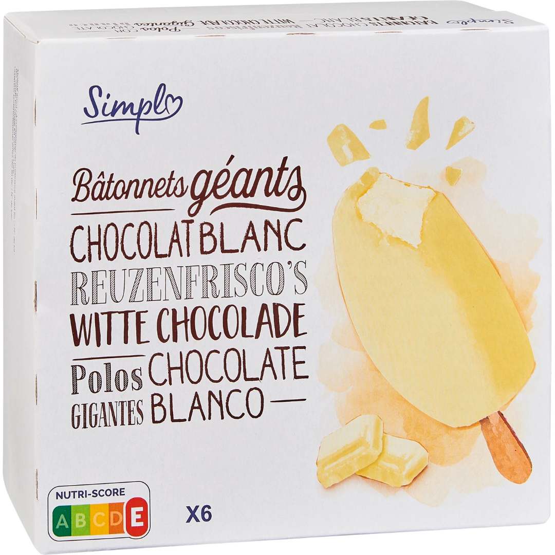 Bâtonnets géants chocolat blanc x6 Simpl / Produits Blancs : photo du produit rappelé le 14/06/2021