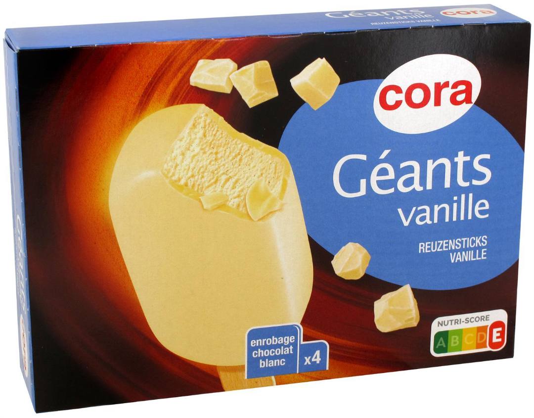Bâtonnets géants vanille enrobage chocolat blanc x4 Cora 308 g : photo du produit rappelé le 29/07/2021