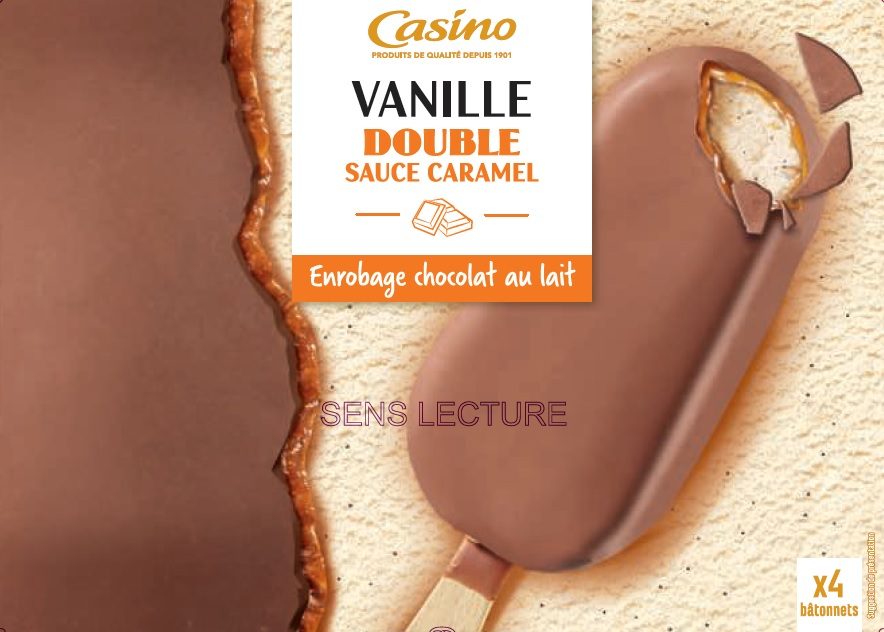 Bâtonnets vanille double sauce caramel enrobage chocolat au lait x4 Casino : photo du produit rappelé le 03/02/2022