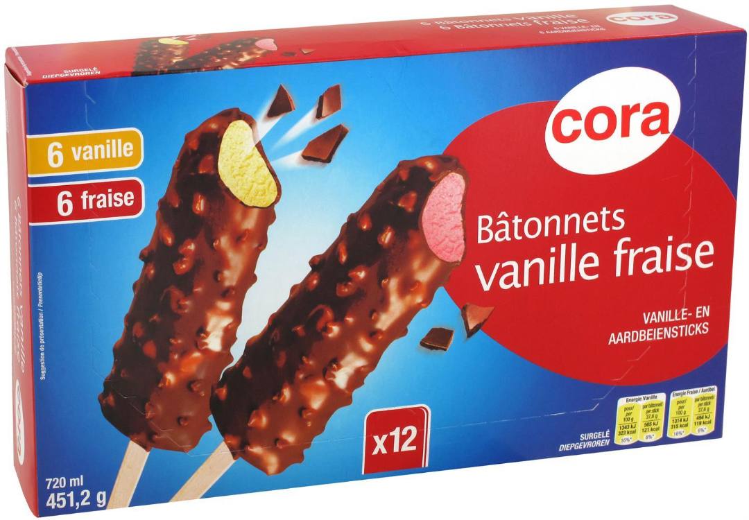 Bâtonnets vanille/fraise 12x60 ml Cora : photo du produit rappelé le 28/07/2021