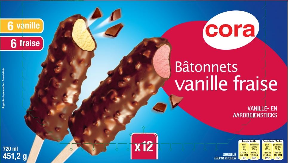 Bâtonnets vanille/fraise x12 720 ml - 451.2 g Cora : photo du produit rappelé le 24/02/2022