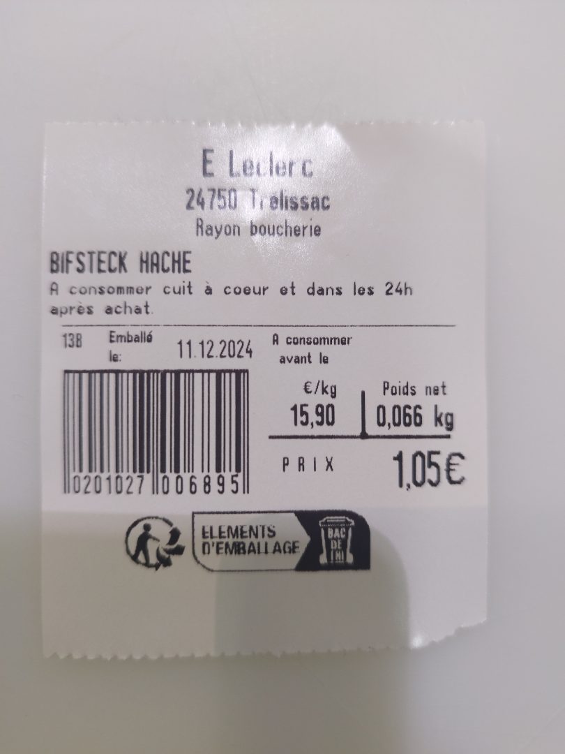 Bifsteck hache : photo du produit rappelé le 11/12/2024