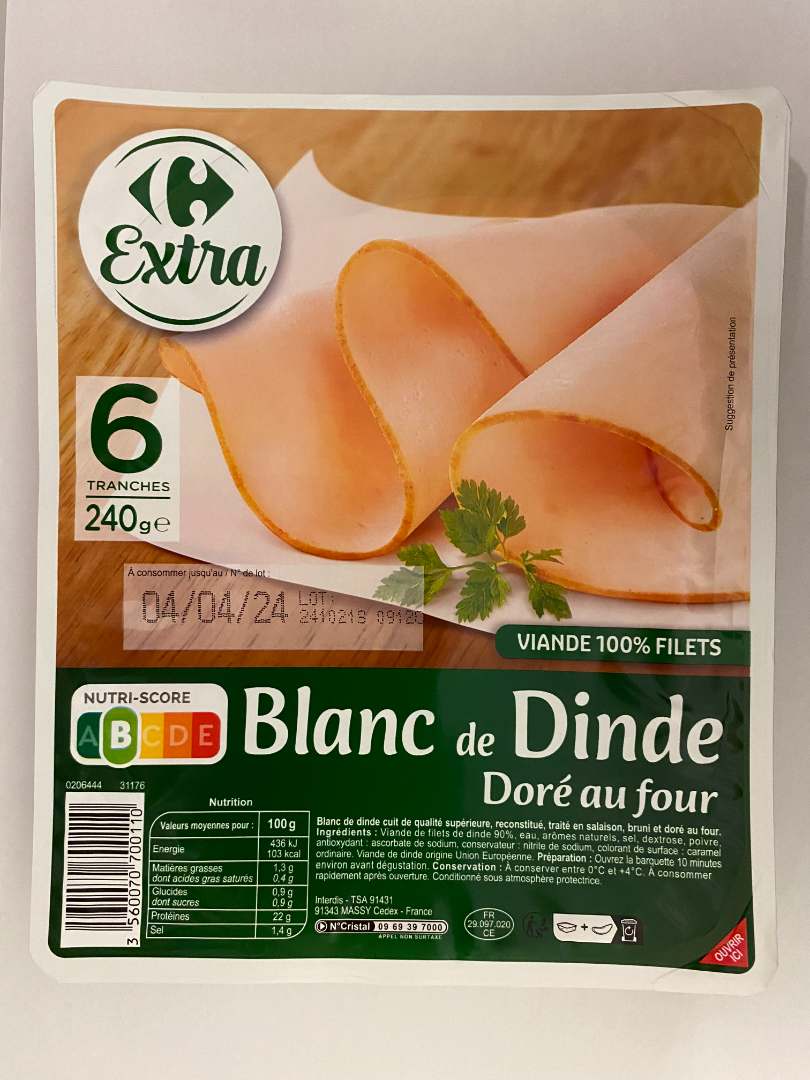 Blanc de dinde dore au four Carrefour Extra : photo du produit rappelé le 03/04/2026