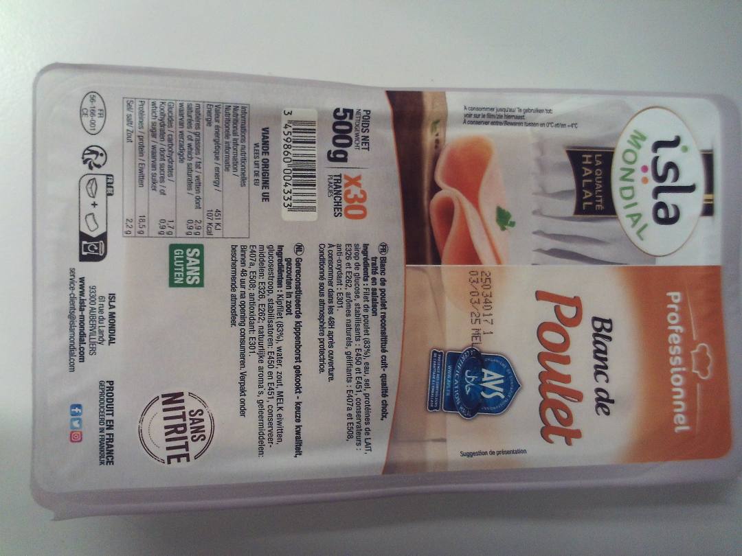 Blanc de poulet 500g Isla Mondial : photo du produit rappelé le 04/02/2025