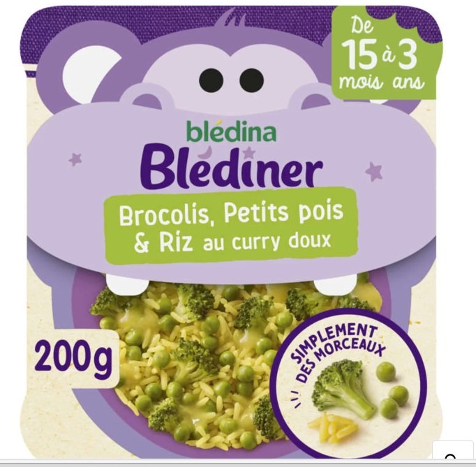 Blediner brocolis petits pois et riz eu curry doux Bledina : photo du produit rappelé le 29/11/2024