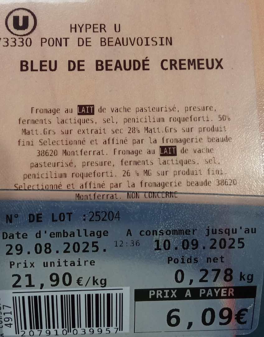 Bleu de beaude cremeux U - Beaude : photo du produit rappelé le 05/09/2025