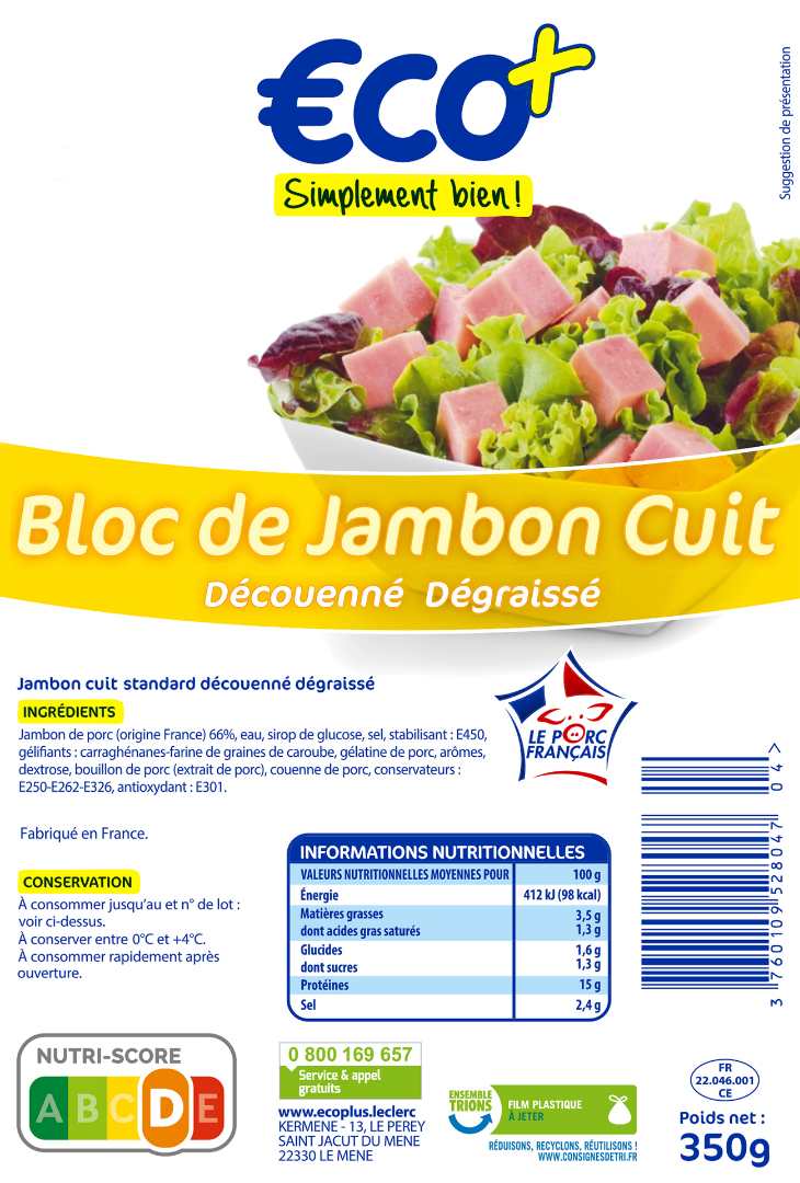 Bloc de jambon cuit vpf Eco : photo du produit rappelé le 30/07/2021