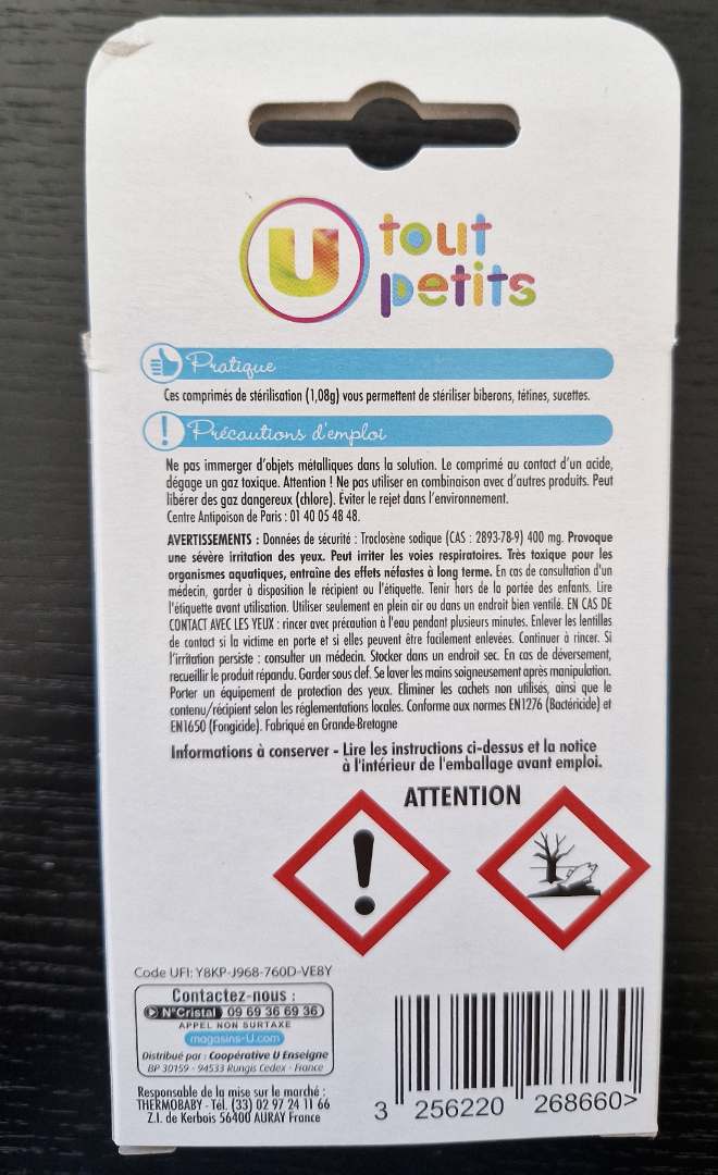 Boite de 30 comprimes de sterilisation a froid utp U Tout Petit : photo 2 sur 3 du produit rappelé le 09/09/2024
