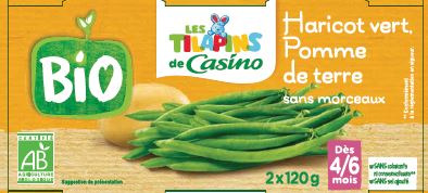 Bol haricot vert pomme de terre bio 2x120g Les Tilapins de Casino BIO : photo du produit rappelé le 29/11/2022