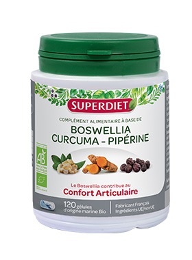 Boswellia curcuma piperine bio 120 gélules Superdiet : photo du produit rappelé le 19/07/2021