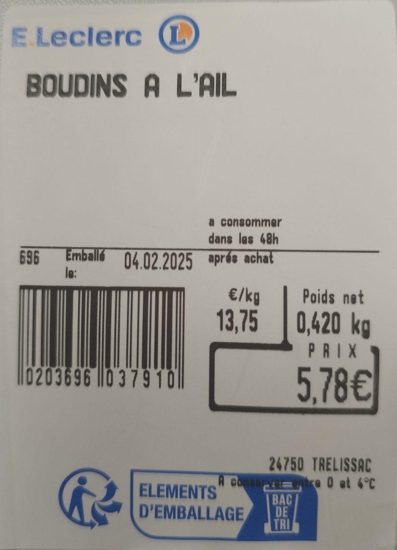 Boudin a l'ail Vaux : photo du produit rappelé le 04/02/2025