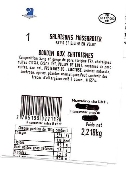 Boudin a la chataigne coupe Salaisons Massardier : photo 2 sur 2 du produit rappelé le 29/01/2024