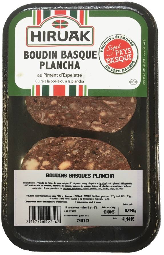 Boudin basque plancha Hiruak : photo du produit rappelé le 09/12/2022