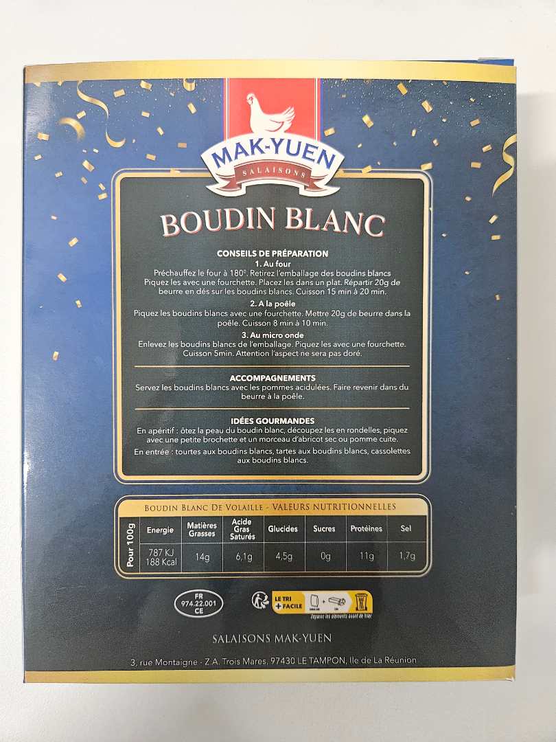 Boudin blanc volaille piment Mak Yuen : photo 2 sur 2 du produit rappelé le 03/12/2025