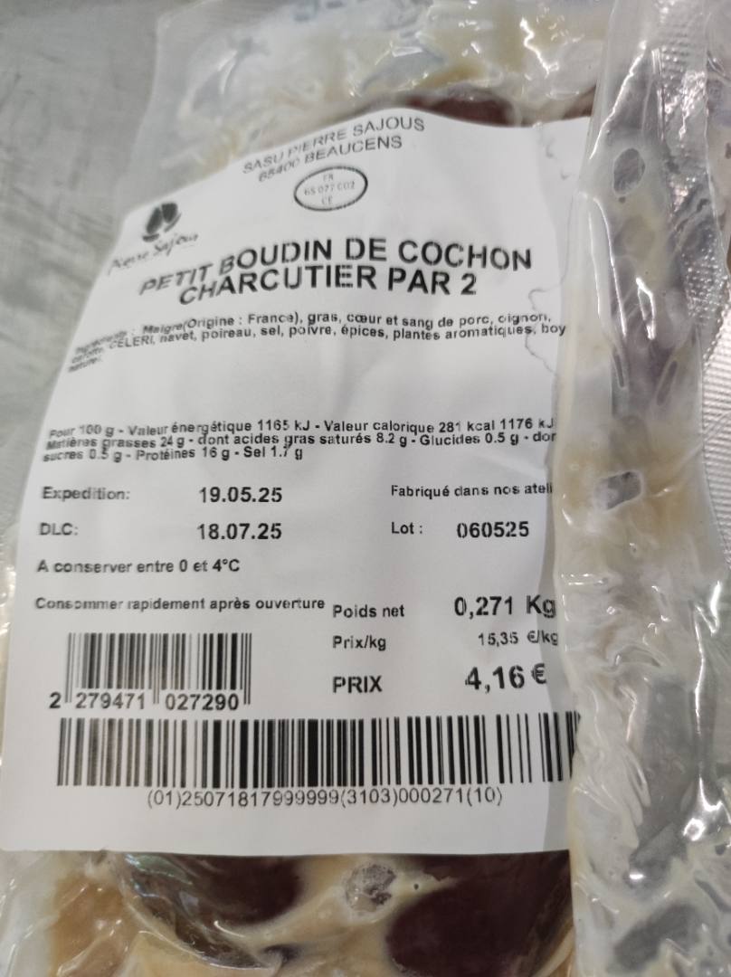 Boudin de porc Pierre Sajous : photo du produit rappelé le 26/05/2025