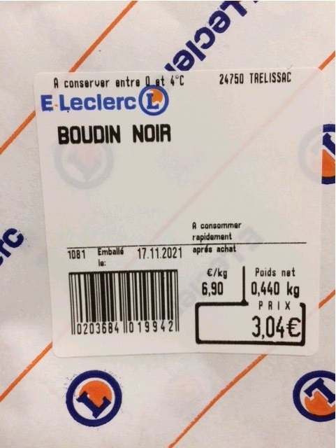 Boudin noir : photo du produit rappelé le 18/11/2021