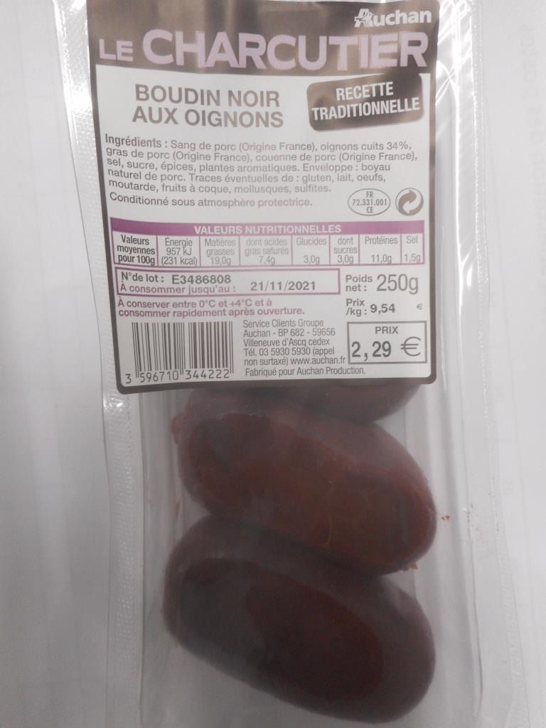 Boudin noir aux oignons Auchan : photo du produit rappelé le 10/11/2021