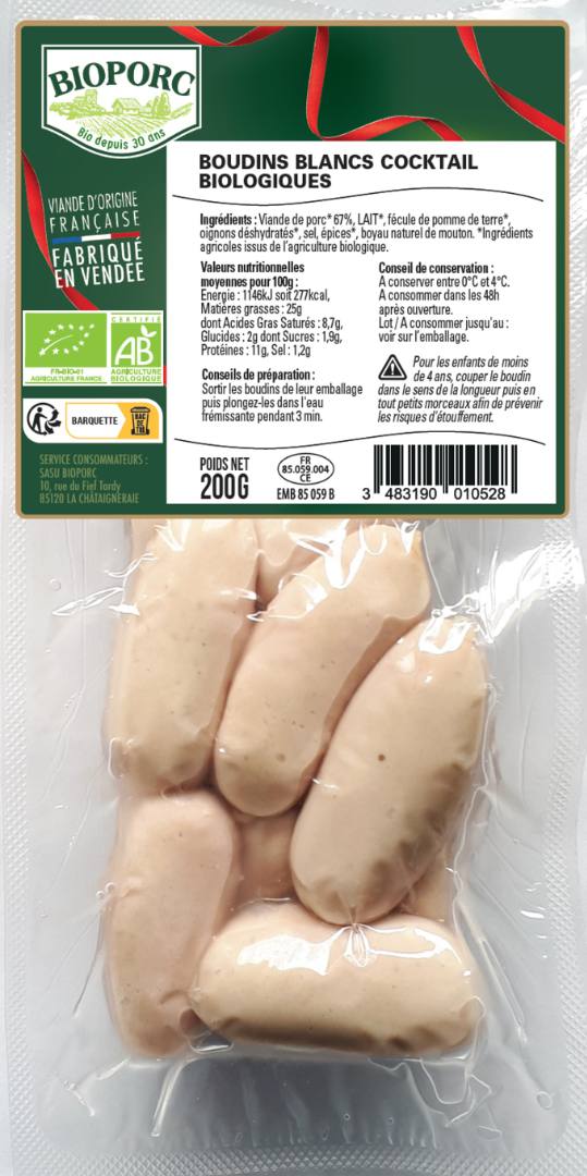 Boudins blancs cocktail biologiques Bioporc : photo du produit rappelé le 30/11/2023
