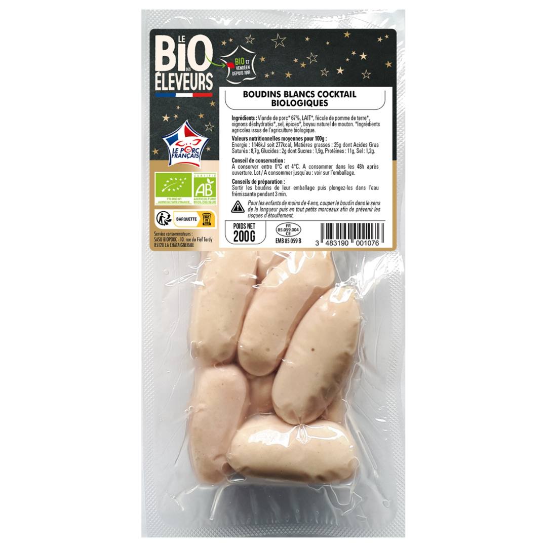 Boudins blancs cocktail biologiques Le BIO des Eleveurs : photo du produit rappelé le 27/11/2023