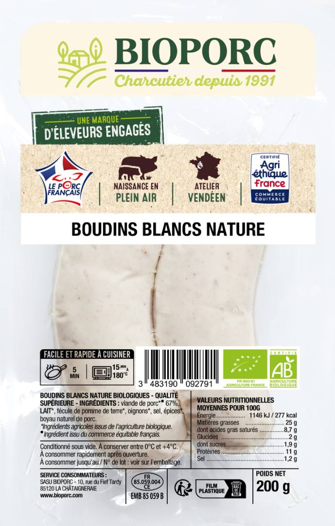 Boudins blancs nature Bioporc : photo du produit rappelé le 01/10/2025
