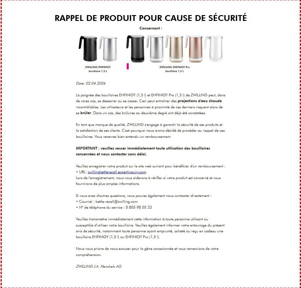 Bouilloire électrique zwilling enfinigy 1.5 l : photo du produit rappelé le 04/08/2026