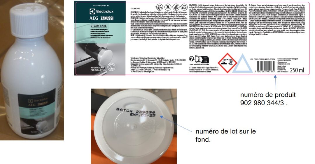 Bouteilles de détartrant pour four à vapeur Electrolux/Aeg : photo du produit rappelé le 12/05/2023