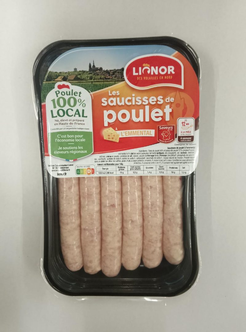 Bq 6 saucisses de poulet a l'emmental poids fixe de 300g Lionor : photo du produit rappelé le 17/03/2026