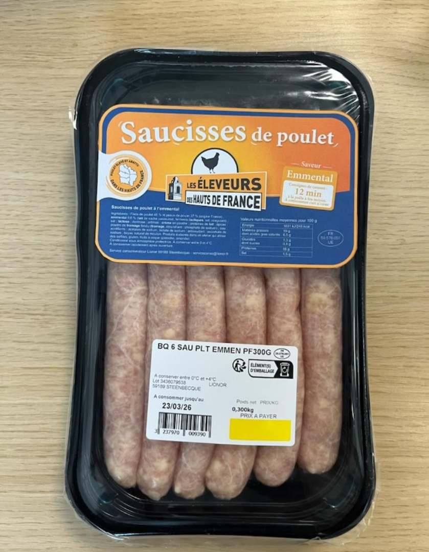 Bq 6 saucisses de poulet emmental poids fixe 300g sous atmosphere Lionor : photo du produit rappelé le 17/03/2026