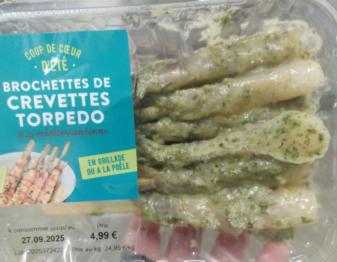 Brochettes de crevettes torpedo à la méditerranéenne 200g Grand Frais : photo du produit rappelé le 12/09/2025