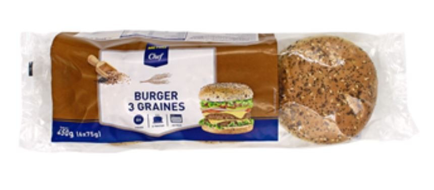 Burger 3 graines 6x75g Metro chef : photo du produit rappelé le 08/08/2024